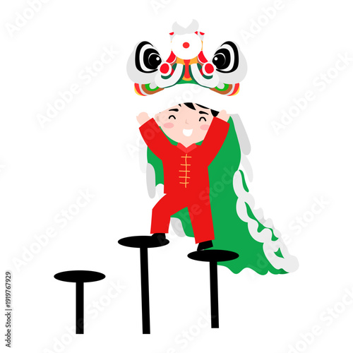 Joyful child in traditional attire engaging in a vibrant acrobatic lion dance performance for cultural celebration