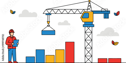 Business growth and construction concept vector illustration with crane, worker, and rising bar chart for development strategy