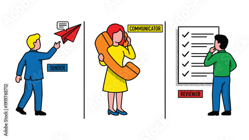 Business Communication & Workflow: Sender, Communicator, Receiver Roles Illustration