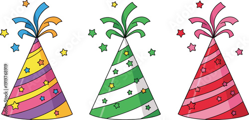 Colorful party hat illustration set featuring festive celebration caps with stars and confetti for birthday holiday event design projects