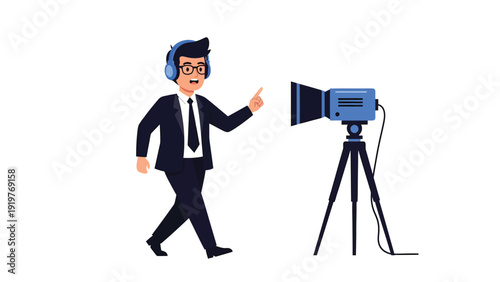 Cartoon director in suit and headphones instructing video camera. Professional filmmaking and media production concept.
