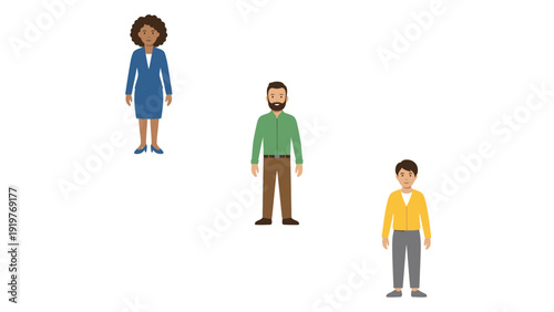 Diverse group of three flat design people standing. Businesswoman, bearded man, and young person in vector illustration.