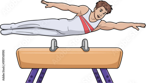 A digital illustration of a male gymnast performing on a pommel horse against a white background.