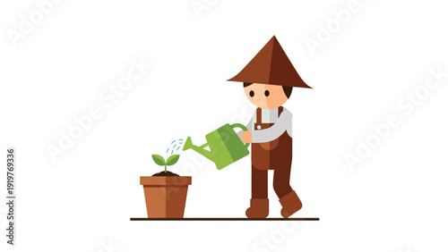 Gardener in a conical hat watering a small plant in a pot, flat vector illustration of growth and care
