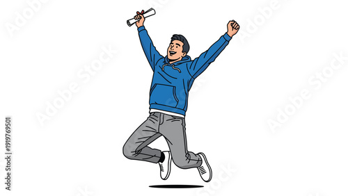Triumphant young man jumping with diploma, celebrating success and achievement