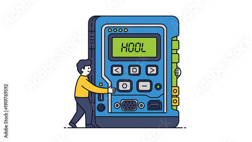Man Operating Large Electronic Device with Screen. Flat Vector Illustration of Portable Tech Gadget or Control Unit.
