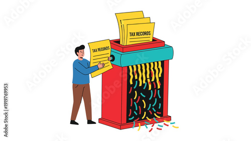 Man shredding tax records in a paper shredder. Data privacy and document destruction concept illustration.