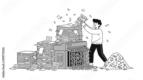 Person shredding confidential documents. Data privacy, information security, and document destruction. Overwhelming office paperwork concept.
