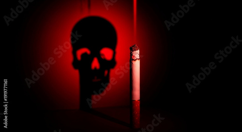 Glowing red skull silhouette with cigarette smoke in dark background symbolizing danger and addiction