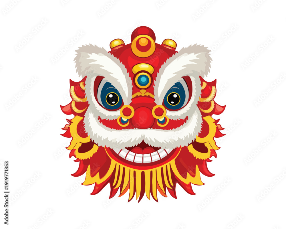 Naklejka premium Vibrant Red and Gold Chinese Lion Dance Head with Expressive Eyes and Majestic Mane