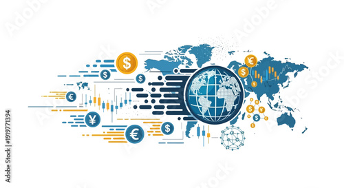 Global finance and world map concept with currency symbols on white background