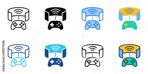 VR Game Design icons set multiple style collection. Editable stroke 
