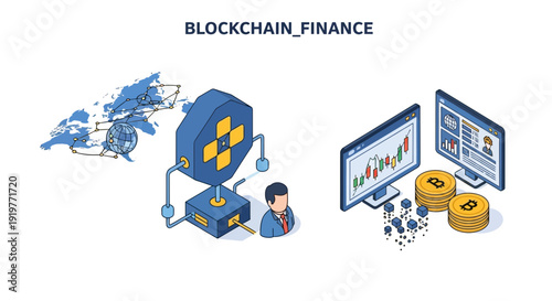 Isometric illustration of blockchain finance and technology concepts