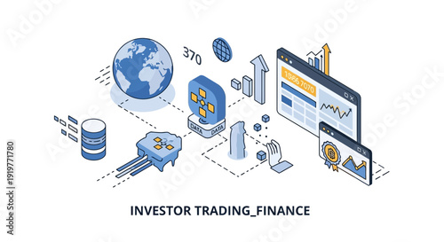 Isometric illustration of global finance and business trading concepts