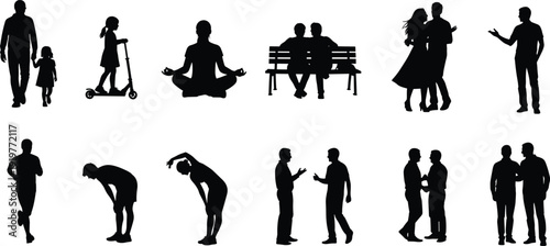 People daily life silhouettes set showing family walking, meditation, couples sitting and dancing, conversations, fitness stretching and social interaction poses isolated on white background