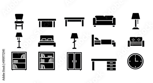 Collection of various furniture and home decor items in silhouette style.