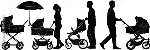 Family Parenthood Evolution Silhouette Showing Mother And Father Pushing Baby Strollers, Modern Parenting Stages, Childcare Concept, Isolated Black Icons On White Background