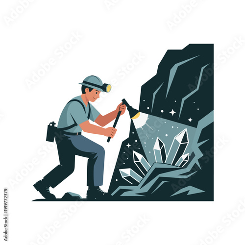 Miner holding a bright flashlight explores a dark cave filled with large precious crystals.