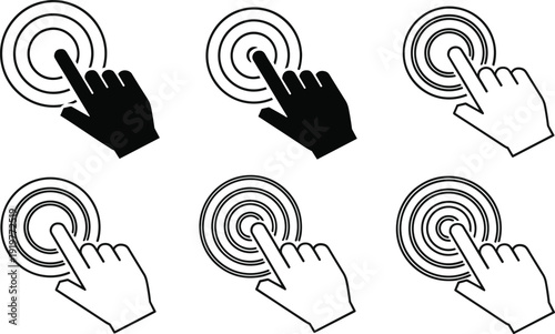 Touch Screen Click Hand Icon Set Showing Finger Press Gesture, User Interface Interaction Symbols, Digital Technology And Mobile App Control Concept Isolated On White Background