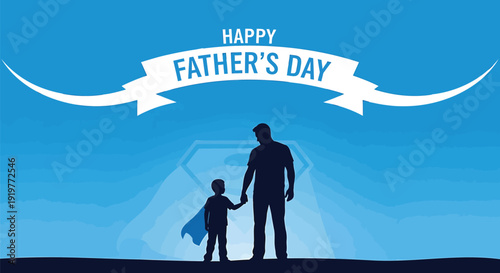 Father's Day silhouette illustration of a father and son, Happy Father's Day banner, blue background vector graphic