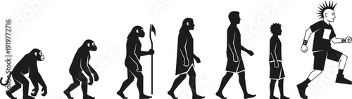 Human evolution silhouettes showing primate to modern punk teenager progression, cultural change, walking stages, history concept illustration isolated on white background vector art