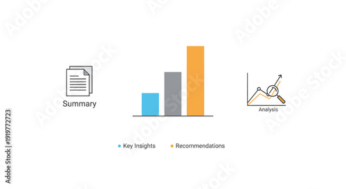 Business analysis vector icon set. Includes summary, key insights, and recommendations symbols. Created in modern style with colorful palette.