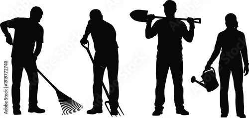 Set of gardener and farmer silhouettes holding tools, showing outdoor work activities, agriculture, landscaping, planting, and maintenance professions isolated on white background illustration