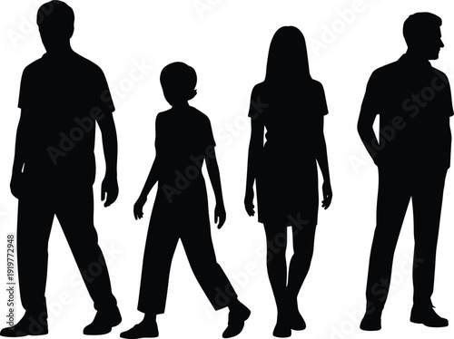 Black silhouette illustration of diverse family group standing together, adults and children side by side, demographic representation, human figures concept, unity, lifestyle vector design