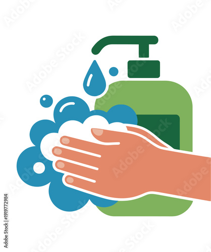 Hand washing with foamy soap dispensed from a large green pump bottle for hygiene concept.