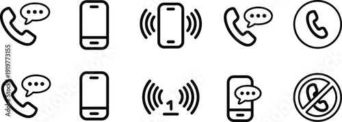 Phone call and mobile communication icon set, smartphone ringing and message symbols collection, black outline vector illustration isolated