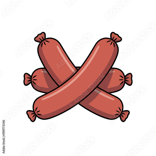 Four cooked sausages are crossed over each other forming an X shape on a white background.
