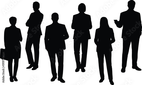 Silhouette illustration of six business professionals in corporate attire, symbolizing teamwork, communication, office collaboration, career success, and professional workplace environment design