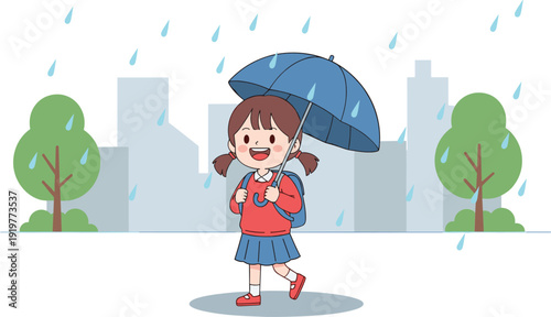 Cute schoolgirl walking in rain with umbrella vector illustration showing rainy weather, city park, and joyful childhood moment