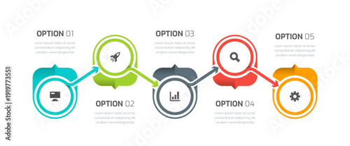 Business Timeline Infographic Presentation with Line, Arrow, Circle Label, 5 Options and Icons