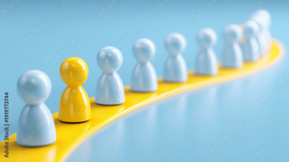 Obraz premium A row of white people standing on a yellow line representing customer support pathways and team collaboration