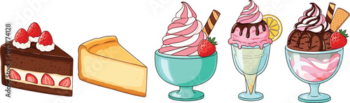 Dessert vector illustration set featuring cake slices, cheesecake, and ice cream sundaes in glass cups