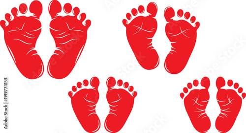Four pairs of red baby footprints vector illustration. This graphic depicts the soles of infant feet in a bright red color, arranged in four distinct pairs, isolated on a transparent background.