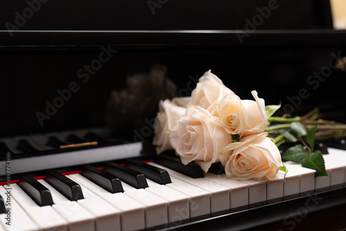 Φωτογραφία Elegant white roses lying on black and white piano keys