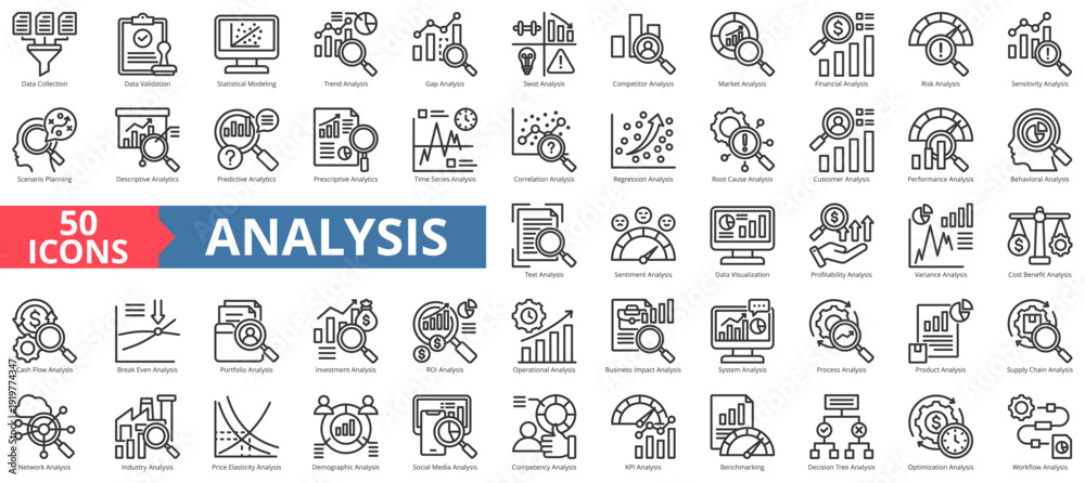 Foto analysis icon pack outline contains statistical modeling, descriptive, predictiv