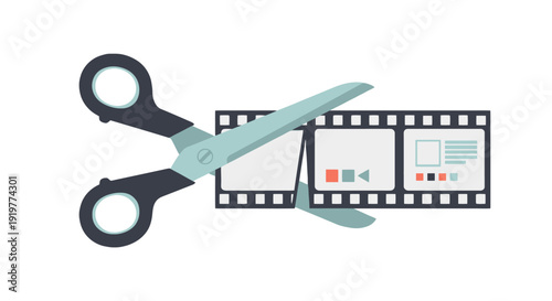 A pair of scissors cutting a film strip illustration showcasing editing process and creative workflow