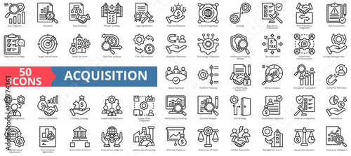 acquisition icon pack outline contains board approval, economies of scale, asset, valuation, exit, regulatory, retention, non-compete, timeline, antitrust, synergy, earn out, confidential, divestiture