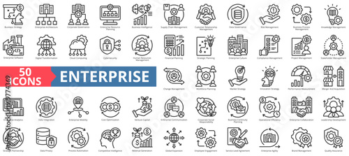 enterprise icon pack outline contains human resources, quality assurance, strategic partnership, competitive, revenue generation, global expansion, employee engagement, architecture, mobility