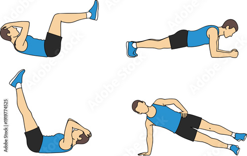 Fitness exercise vector set showing man performing core workout, plank, leg raises, and bodyweight training positions