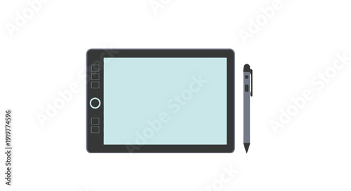 Digital drawing tablet and stylus on a clean background viewed directly from the front