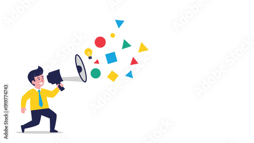 Man with megaphone broadcasting diverse ideas and colorful information shapes