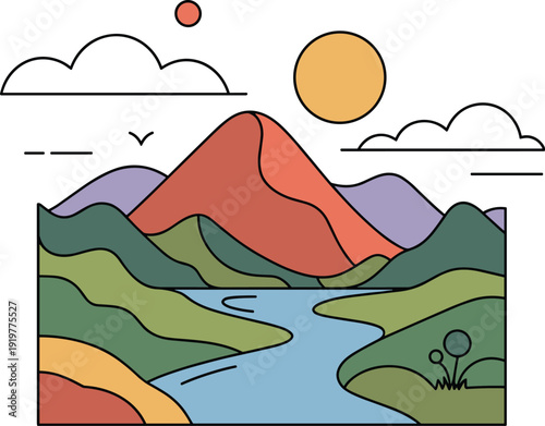 Abstract mountain landscape with flowing river, symbolizing the majestic and tranquil aspects of nature diverse vector on white background.