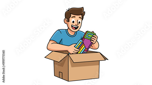 Happy Cartoon Man Packing Colorful Books in Cardboard Box