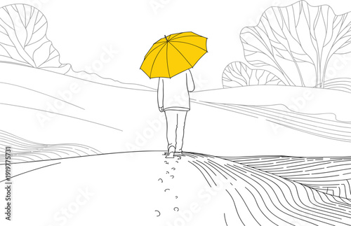 Person walking in snow with yellow umbrella vector on white background.