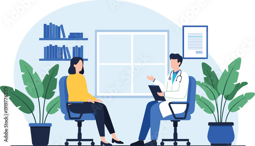 Medical consultation vector illustration showing doctor and patient meeting in clinic office for healthcare, diagnosis, and treatment discussion
