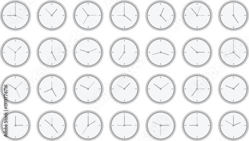 Minimal wall clock vector icon set showing different times for schedules, deadlines, time management, and user interface design